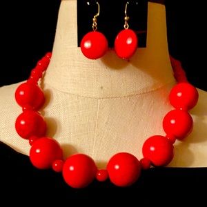 Gold Tone-Red Necklace & Earring Set